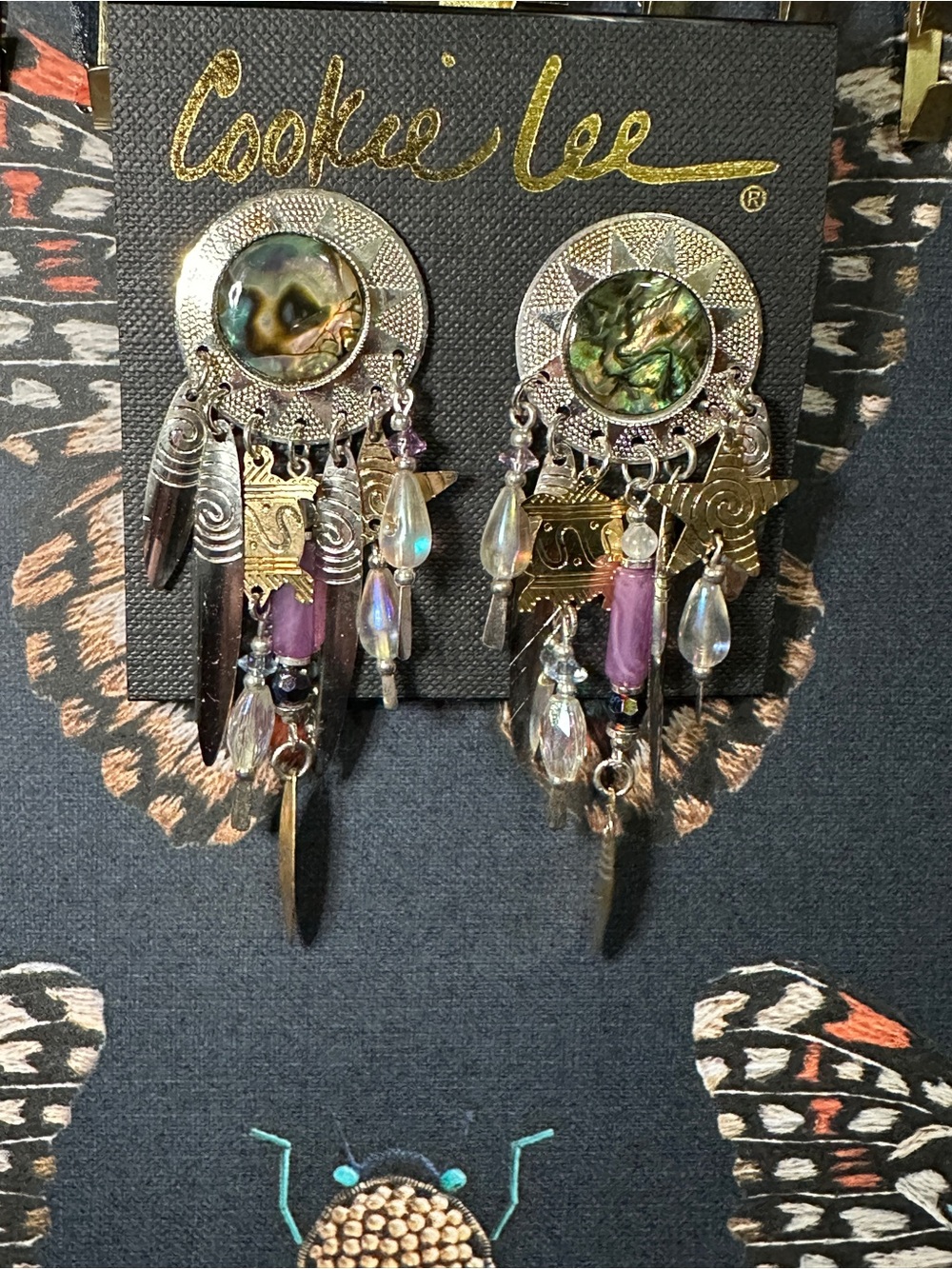 Cookie Lee Multicolor Abalone and Purple Boho Dangle Earrings